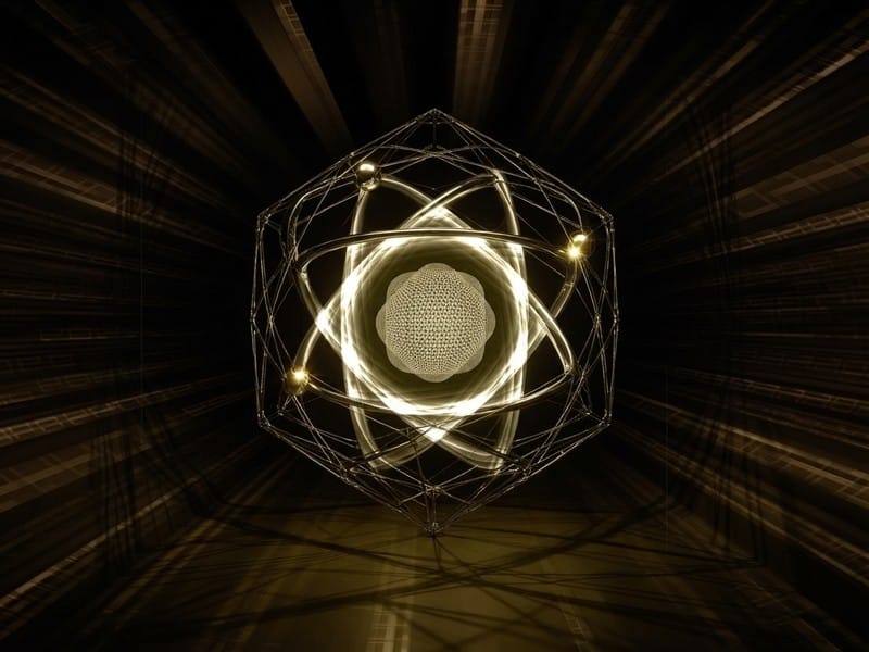 A 3D rendering of an atom model with glowing orbital rings and a textured central core enclosed inside a wireframe geometric shape.